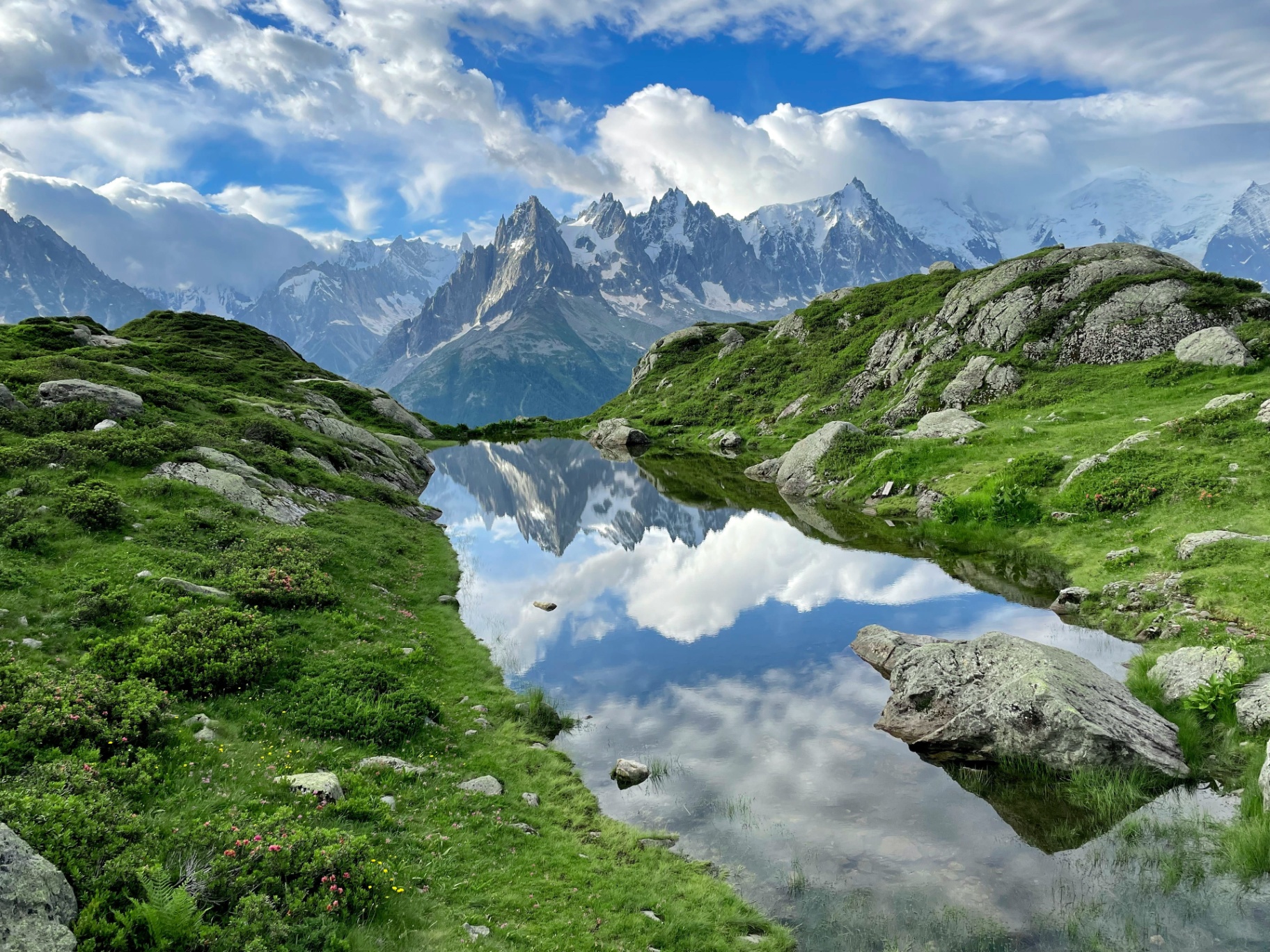 Alpine lake reflecting Mont Blanc, Chamonix